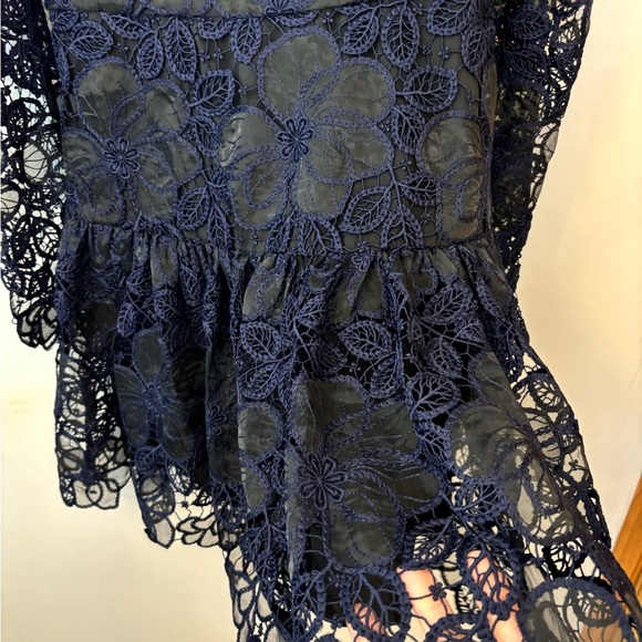 Monique Lhuillier Blue Crochet Lace Organza Long Sleeve Mini Dress - Picture 6 of 11